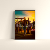 Billions TV show poster featuring main characters at sunset with bold title text